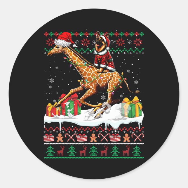 Santa German Shepherd Riding Giraffe Weihnachtssch Runder Aufkleber (Vorderseite)