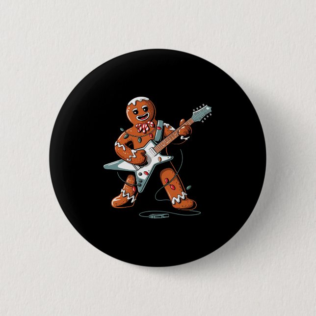 Santa Gingerbread Playing Guitar Funny Christmas P Button (Vorderseite)