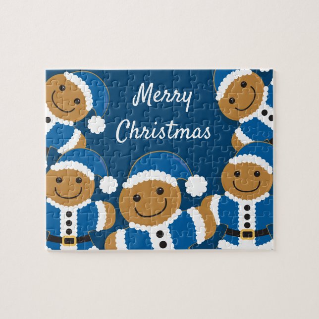Santa Gingerbrei Men Cookie Blue Weihnachten Puzzle (Horizontal)