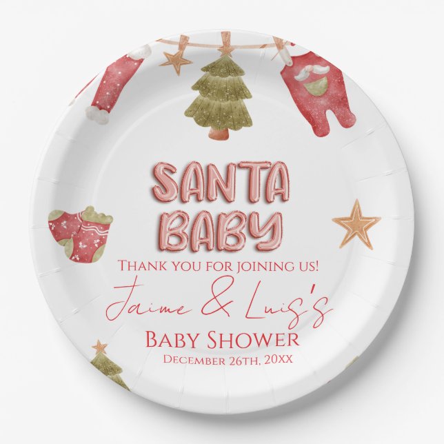 Santa Girl Boy Holiday Baby Shower   Pappteller (Vorderseite)