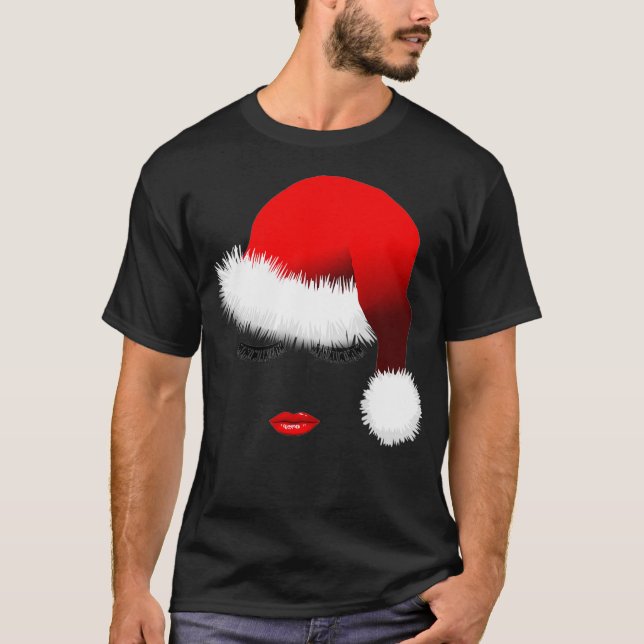 Santa Girl Eyelashes Weihnachtsmannmütze Weihnacht T-Shirt (Vorderseite)