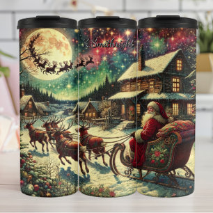 Santa gleitet durch die festlichen Himmel Thermosbecher