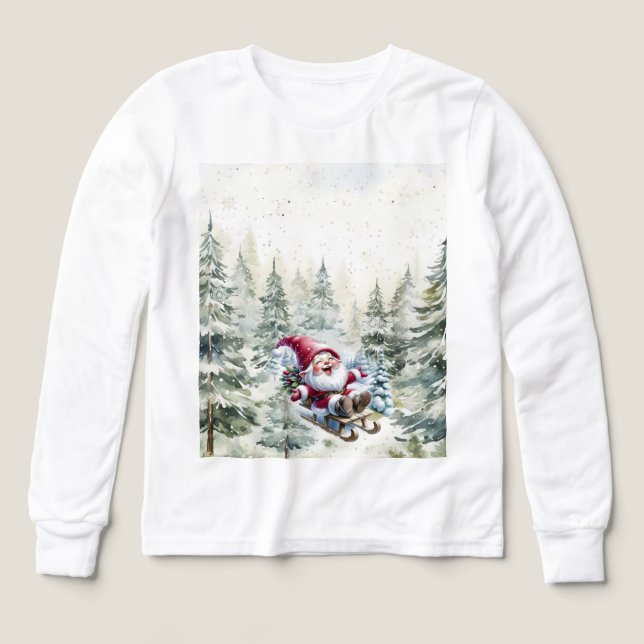 Santa Gnome Sledding Through The Woods LS T-Shirt (Design Vorderseite)