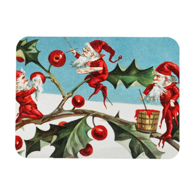 Santa gnomes painting holly berries magnet (Horizontal)