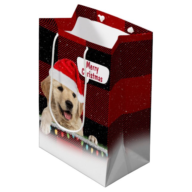 Santa Golden Retriever auf Kariert Mittlere Geschenktüte (Vorderseite Schrägansicht)
