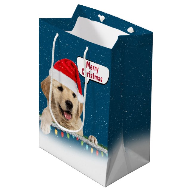Santa Golden Retriever im Schneeflocken Mittlere Geschenktüte (Vorderseite Schrägansicht)