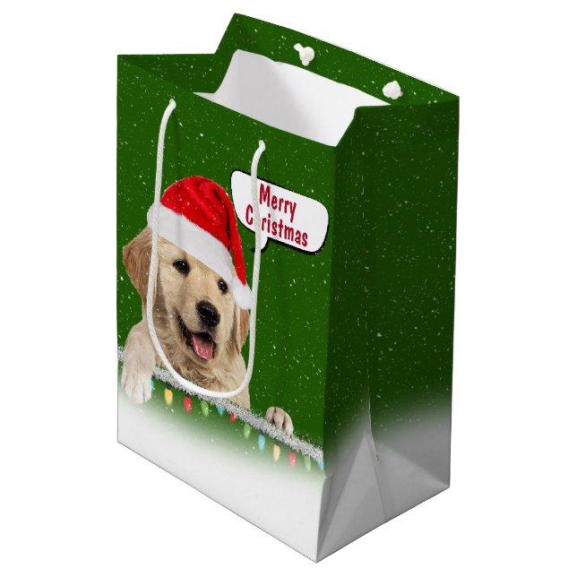 Santa Golden Retriever im Schneeflocken Mittlere Geschenktüte (Vorderseite Schrägansicht)