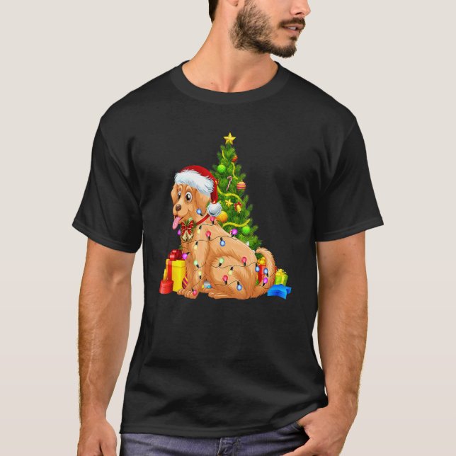 Santa Golden Retriever Weihnachtsleuchten Hund Xma T-Shirt (Vorderseite)