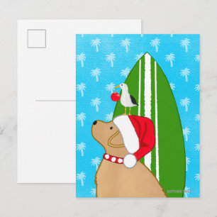 Santa Golden Surfboard Hund Möwe Weihnachtskarte Postkarte