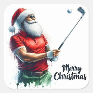 Santa Golfing im Winter Gear Quadratischer Aufkleber