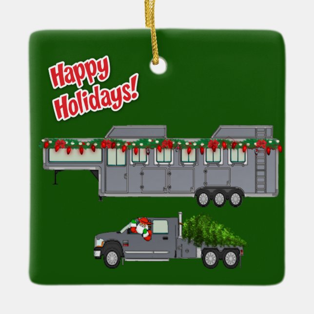 Santa Gray Truck und Pferdeanhänger Weihnachten Keramikornament (Vorderseite)