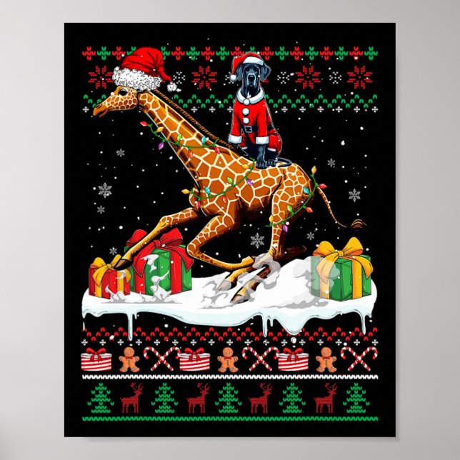Santa Great Dane Riding Giraffe Weihnachtssüßer Poster (Vorne)