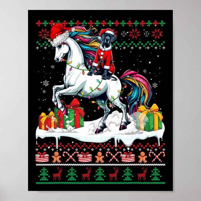 Santa Great Dane Riding Unicorn Weihnachtssüßer Poster (Vorne)