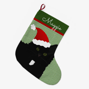 Santa Green Eyes Long Hair Black Cat Großer Weihnachtsstrumpf