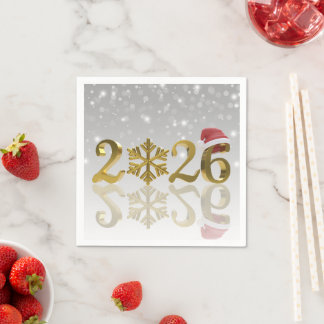 Santa Hat and Snowflake | Happy New Year Gold 2026 Serviette