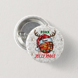  Santa Hat Basketball Reindeer Christmas Fun Sport Button