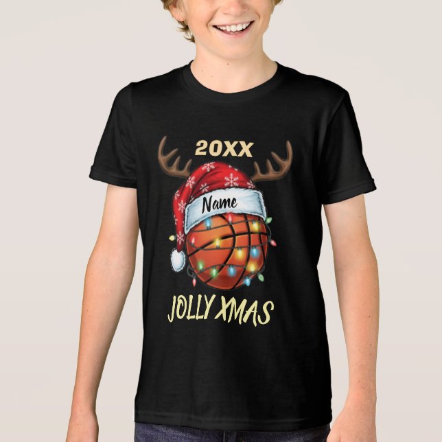  Santa Hat Basketball Reindeer Christmas Fun Sport Tri-Blend Shirt (Vorderseite)