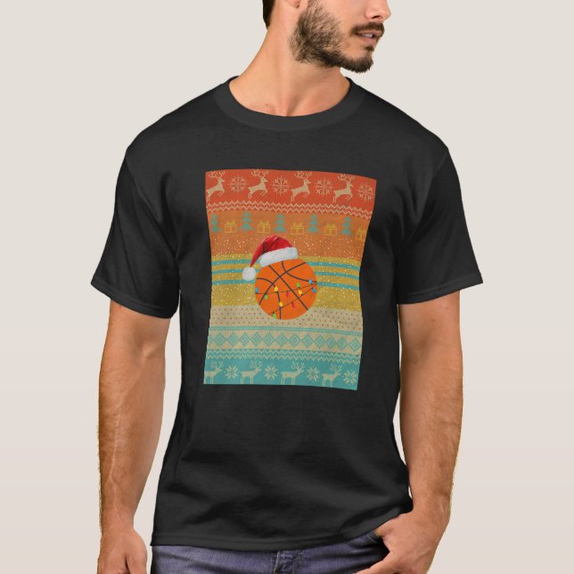 Santa Hat Basketball with Holiday Lights Christmas T-Shirt (Vorderseite)