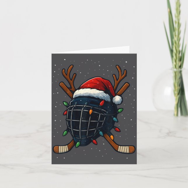 Santa Hat Christmas Ice Hockey Helmet Player Reind Karte (Vorderseite)