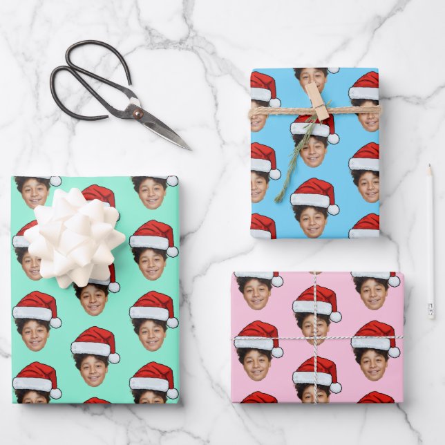 Santa Hat Custom Face Photo Christmas Gift Geschenkpapier Set (Vorderseite)