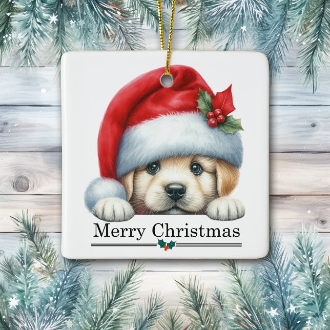 Santa Hat Golden Retriever Puppy Merry Christmas Keramikornament (Von Creator hochgeladen)