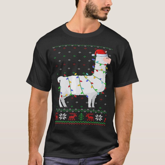 Santa Hat Llama Xmas Lights Ugly Llama Christmas T-Shirt (Vorderseite)