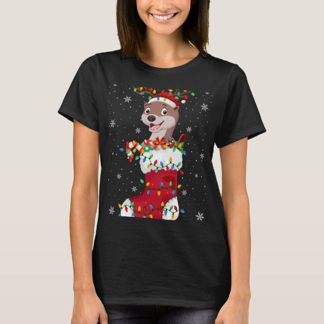 Santa Hat Otter Animal In Socks Xmas Tree Lights  T-Shirt (Vorderseite)