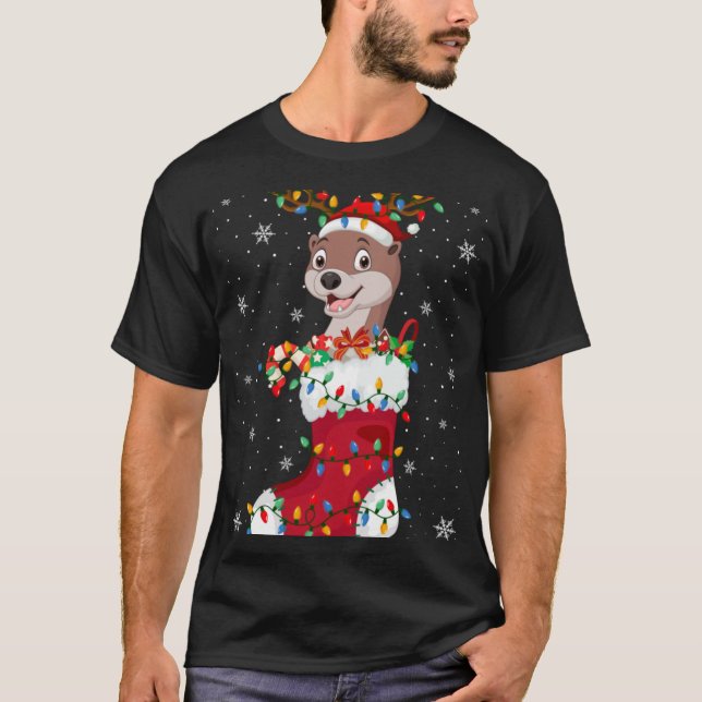 Santa Hat Otter Animal In Socks Xmas Tree Lights T T-Shirt (Vorderseite)