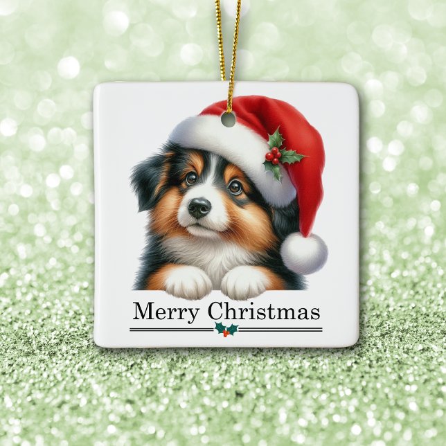 Santa Hat Shetland Sheepdog Puppy Merry Christmas Keramikornament (Von Creator hochgeladen)