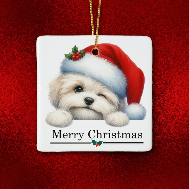 Santa Hat Winking Havanese Puppy Christmas Keramikornament (Von Creator hochgeladen)