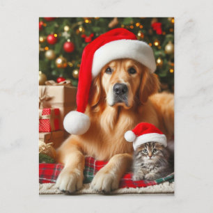 Santa Haustiere Golden Retriever und Kätzchen Weih Postkarte