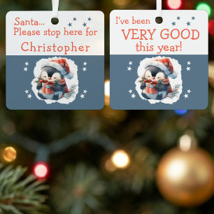 Santa hier anhalten Name süßer Pinguin grau Ornament Aus Metall