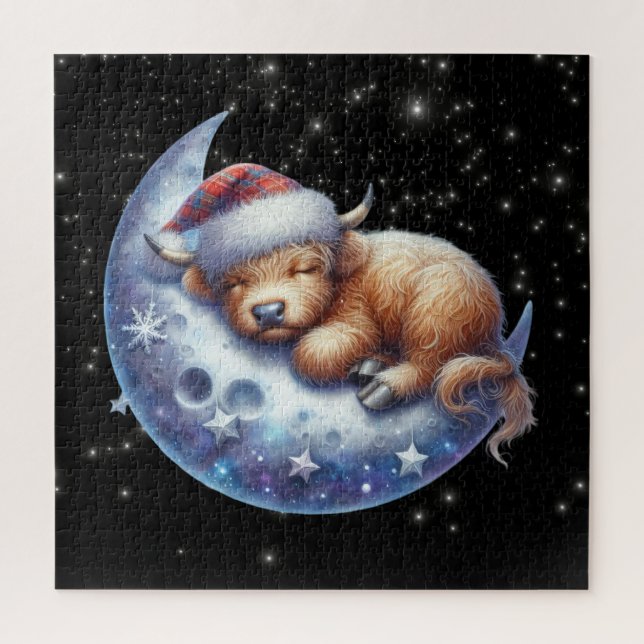 Santa Highland Kuh Schlafen auf dem Mond Puzzle (Vertikal)