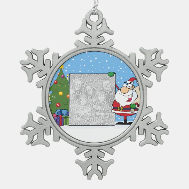 Santa Holding Foto Schneeflocken Zinn-Ornament (Vorderseite)