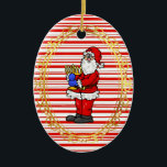 Santa Holding Menorah Chrismukkah Ornament<br><div class="desc">Das ist ein traditioneller Weihnachtsgeschmack mit kantigen Streifen und Rot. Auf der Vorderseite steht der Santa mit einer Menorah. Die Rückseite kann personalisiert sein,  wie Sie wollen. Designed by Sheila Cicchi,  Brownielocks.com. Alle Rechte vorbehalten.</div>