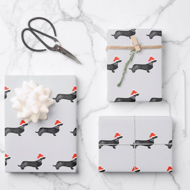 Santa holiday Christmas dachsund watercolor black Geschenkpapier Set (Vorderseite)