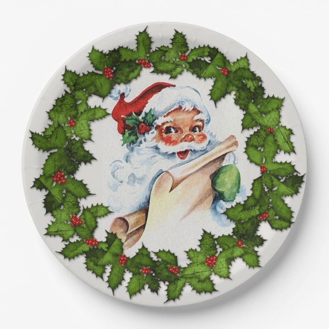 Santa Holly Wreath Christmas Party 9" Pappteller (Vorderseite)