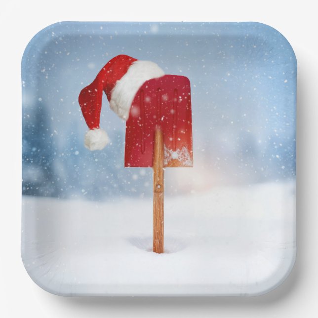 Santa-Hut auf roter Schneeschaufel  Pappteller (Vorderseite)