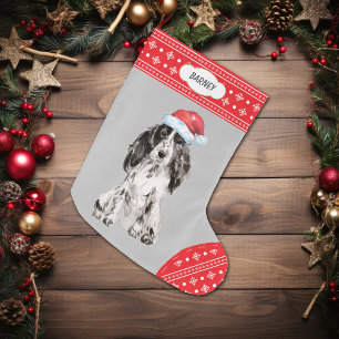 Santa-Hut-Cocker-Spaniel-Schneeflocken-Rand Großer Weihnachtsstrumpf
