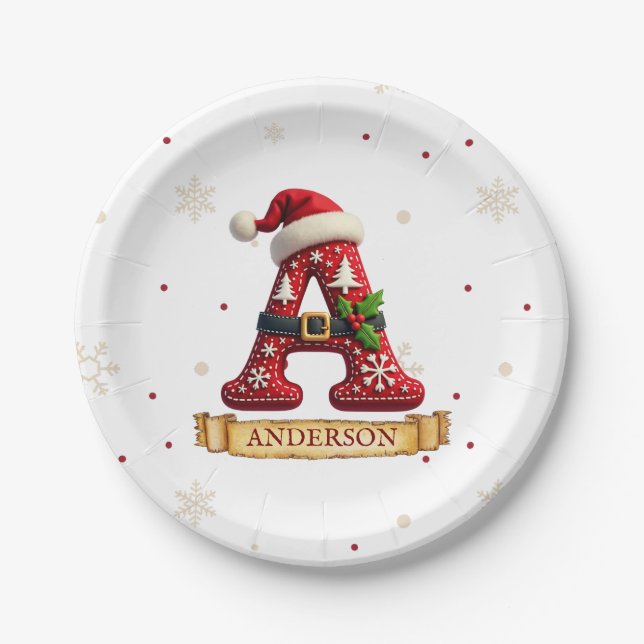 Santa Hut Weihnachtsmann Rot Buchstabe A Name Pappteller (Vorderseite)