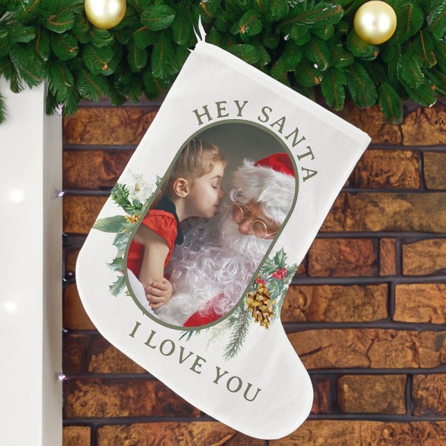 Santa I Liebe You Holly Pine Lozenge Form Foto Großer Weihnachtsstrumpf (Santa I love you Christmas photo stocking from the Rounded Lozenge Photo Collage collection)