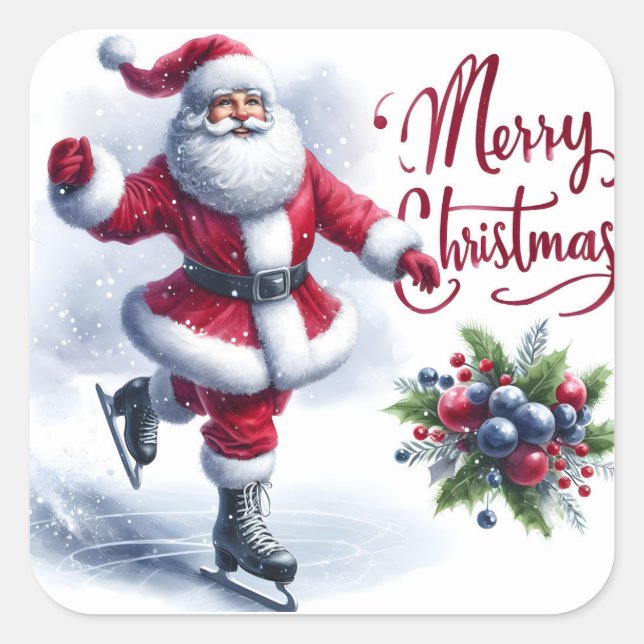 Santa Ice Skaten im Winter Fest Quadratischer Aufkleber (Vorderseite)