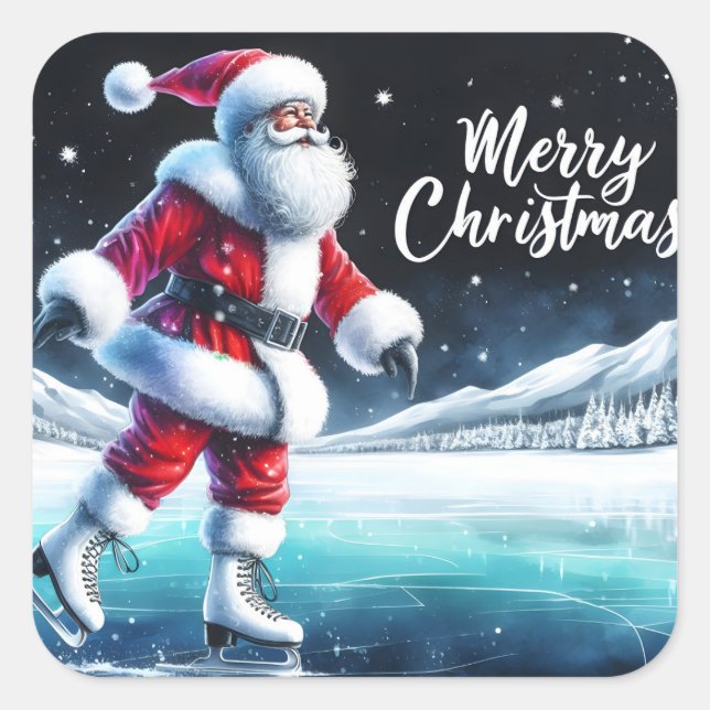 Santa Ice Skaten im Winter Fest Quadratischer Aufkleber (Vorderseite)