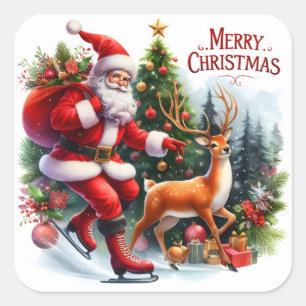 Santa Ice Skaten mit einem Rentier Quadratischer Aufkleber
