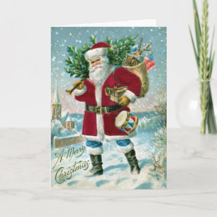 Santa im Schnee trägt Trommel und Baum Feiertagskarte