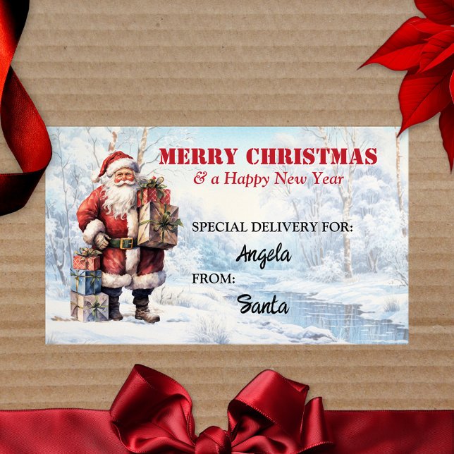 Santa im Winter Wunderland Niedlich farbenfroh Rechteckiger Aufkleber (Christmas sticker featuring a colorful vintage Santa with festive packages in a winter wonderland)
