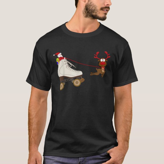 Santa In A Christmas Roller Skate Sleigh Skating F T-Shirt (Vorderseite)