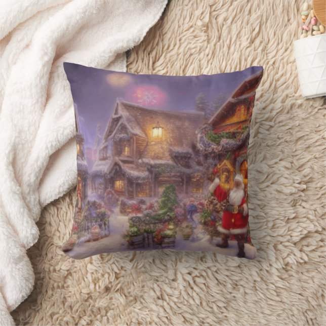 Santa in a Christmas Village Fantasy Landschaft Kissen (Decke)