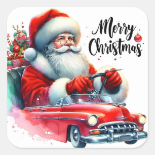Santa in a Vintage Car mit Geschenken Quadratischer Aufkleber