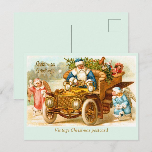 Santa in Auto mit Engeln spielen. Christmas Postkarte (Vorne/Hinten)